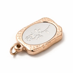Rose Gold Vacuum Plating 304 Stainless Steel Pendants, with Jump Rings, Rectangle with Rose, Rose Gold, 23x14.5x3mm, Hole: 4mm