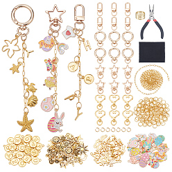 Golden DIY Keychain Making Kit, Including Zinc Alloy Swivel Clasps, Brass Paperclip Chains, Iron Jump Rings, Alloy Pendant Sets, Brass Rings, Carbon Steel Chain Nose Pliers, Golden, 32.5x13x5mm