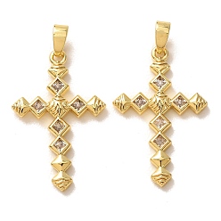 Real 18K Gold Plated Brass Micro Pave Clear Cubic Zirconia Pendants, Cross with Rhombus Charms, Real 18K Gold Plated, 26.5x17x2.5mm, Hole: 4x2mm