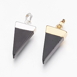 (946F)Морозный цвет внутри  Жонкиль / Непрозрачная зеленая подкладка Натуральный черный агат подвески, с латунной фурнитурой , треугольные, окрашенная и подогревом, 27~29x12~13x4~5 мм, отверстие : 4x6 мм