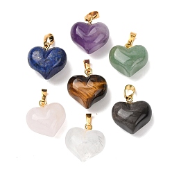 Смешанные камни Природные смешанные подвески драгоценных камней, подвески-сердечки с латунными застежками на порожках, золотые, смешанные окрашенные и неокрашенные, 17x17.5x11 мм, отверстие : 6.5x4 мм