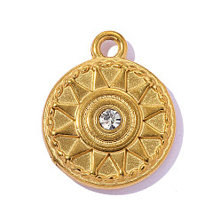 Настоящее золото 18K 304 из нержавеющей стали горный хрусталь подвески, плоский круглый и солнечный шарм, ионное покрытие (ip), долговечный, реальный 18 k позолоченный, 18x15 мм, отверстие: 2 мм