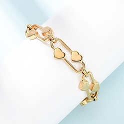 Золотой 304 из нержавеющей стали цепи браслеты, овальные с сердцем, золотые, 6.10 дюйм (15.5 см)