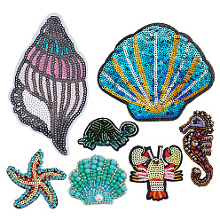 Mixed Shapes 7Pcs 7 Styles Ocean Theme Cloth Sew on Patches, Handmade Plastic Beaded Appliques, Badges, for Clothes, Dress, Hat, Jeans, DIY Decorations, Sea Animals, Mixed Shapes, 36~124x33~120x1.3~7mm, 1pc/style