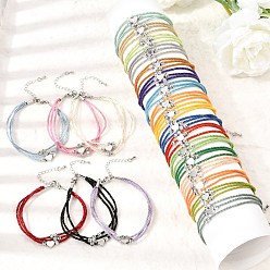 Mixed Color Polyester Multi-Strand Bracelets, Brass Heart Bead Bracelets with 202 Stainless Steel Lobster Claw Clasps, Platinum & Stainless Steel Color, Mixed Color, 7.09 inch(18cm)