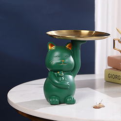 Морско-зеленый Скульптура кота из смолы с металлическим подносом, Ювелирная конфетница, декоративный поднос для ключей, украшение для дома, офиса, отеля, цвета морской волны, 110x170 мм