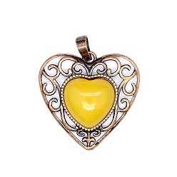 Топаз Нефрит Ретро полые подвески из натурального топаза и нефрита, Сердце подвески, с красной медной металлической фурнитурой, 30x30x8 мм