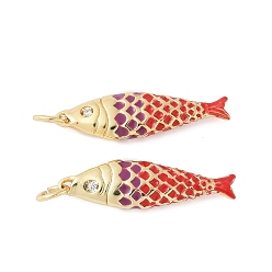 Красный Латунь эмаль подвески, с подвесками в форме рыбок из кубического циркония, стойки покрытие, без кадмия и без свинца, долговечный, реальный 18 k позолоченный, красные, 25.5x7.5x3.8 мм, отверстие : 3.5 мм