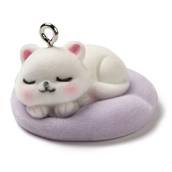 Cat Shape Подвески для сна из флокированной смолы, Подвески в виде животных с железными петлями с платиновым покрытием, форма кошки, 23x34x34 мм, отверстие : 2.8 мм