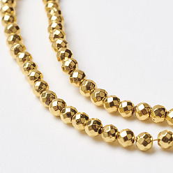 Golden Plated Non-magnetic Synthetic Hematite Bead Strands, Faceted, Round, Golden Plated, 3mm, Hole: 0.5mm, about 137pcs/strand, 15.3 inch