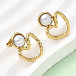 Сердце 201 серьги-гвоздики из нержавеющей стали и АБС-пластика с жемчугом, с 304 штифтов из нержавеющей стали, вакуумное покрытие pvd, золотые, сердце, 23.5x17.5 мм
