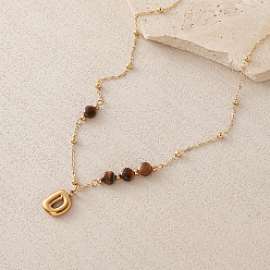 Letter D Colliers pendentifs alphabet en œil de tigre naturel facetté européen 304 acier inoxydable, or, lettre d, 18.90 pouce (48 cm)