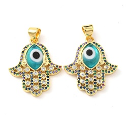 Turquoise Brass Cubic Zirconia Pendants, with Lampwork, Real 18K Gold Plated, Hamsa Hand Charm, Turquoise, 24x20.5x4mm, Hole: 5x3.5mm