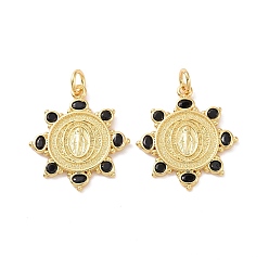 Real 18K Gold Plated Sun Brass Micro Pave Black Cubic Zirconia Pendants, with Jump Rings, Cadmium Free & Nickel Free & Lead Free, Real 18K Gold Plated, 22x19.5x1.5mm, Hole: 3mm