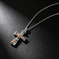 Platinum Alloy Rhinestone Enamel Floral Cross Pendant Necklaces for Women, Colorful, Platinum, 17.72 inch(45cm)