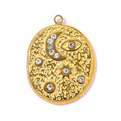 Настоящее золото 18K Кованые 304 подвески из нержавеющей стали со стразами, овальный амулет с изображением солнца и луны, символизирующий сглаз, ионное покрытие (ip), долговечный, кристалл, реальный 18 k позолоченный, 23x18 мм, отверстие: 1.60 мм
