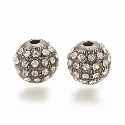 Черный Цвет Металла Шарик сплава, со стразами, круглые, кристалл, металлический черный , 8x8 мм, отверстие : 1.5 мм