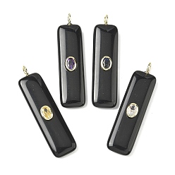 Обсидиан Природные подвески обсидиана, прямоугольные подвески с латунной микропаве кубическими цирконами, золотые, цвет циркона случаен, 51x13x7 мм, отверстие : 3x2 мм