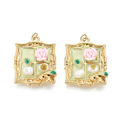 Нектар 304 подвески из нержавеющей стали и эмалированной смолы с имитацией жемчужного блеска, Прямоугольник с цветком, с целью перехода в кольце, ионное покрытие (ip), реальный 18 k позолоченный, нектар, 26.5~27x20x5.5 мм, отверстие : 2.8 мм