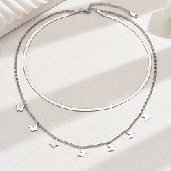 Серебро 201 двухслойные ожерелья с кисточками в виде бабочек из нержавеющей стали для женщин, серебряные, 14.57 дюйм (37 см)