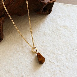 Ojo de Tigre Collares de aleación con colgante de ojo de tigre natural en forma de lágrima y cadena satélite para mujer., dorado, 15.75 pulgada (40 cm)