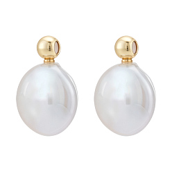 White Natural Freshwater Pearl Pendants, Keshi Pearl Flat Round Charms with Brass Bails, Golden, White, 17x12.5x5mm, Hole: 0.7mm
