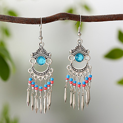 Королевский синий Плоские круглые серьги-люстры в стиле бохо из сплава, стразов и стеклянных бусин, античное серебро, королевский синий, 90 мм