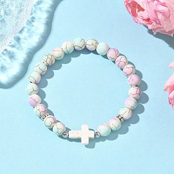 Светло-голубой Браслеты из синтетических бирюзовых бусин круглой и крестообразной формы с запекаемой краской для мужчин и женщин, светло-голубой, внутренний диаметр: 2-1/4 дюйм (5.6 см)