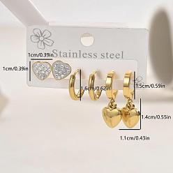 Золотой 3 пары модных сережек-сердец из нержавеющей стали, золотые, 14~16x11~10 мм