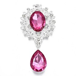 Серо-розавый Сплавные плоские задние кабошоны, с акриловыми стразами, овал и слеза, серебряный цвет гальваническим, граненые, увядшая роза, 58x29x7 мм, Кулон : 24.5x13x7 мм