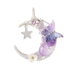 Amethyst Natural Amethyst Round Chip Wire Wrapped Pendants, Moon Charms with Acrylic Butterfly, Silver Color Plated, 38.5x35x11~14.5mm, Hole: 6x3mm