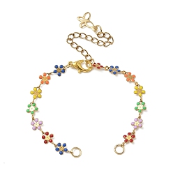 Настоящее золото 18K 304 Изготовление браслета из эмалированной нержавеющей стали с разноцветными звеньями в виде подсолнухов, реальный 18 k позолоченный, 5.63 дюйм (14.3 см), отверстие : 3.6 мм