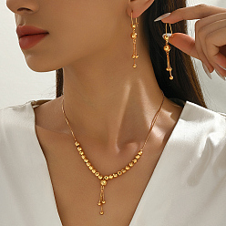 Настоящее золото 18K Винтажное латунное колье и серьги с круглыми бусинами и кисточками для женщин., реальный 18 k позолоченный, ожерелья: около 17.52 дюйма (44.5 см)