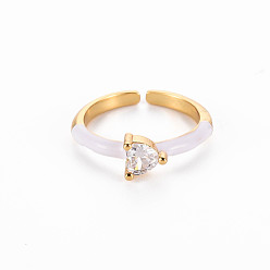 White Brass Enamel Cuff Rings, Open Rings, Solitaire Rings, with Clear Cubic Zirconia, Nickel Free, Heart, Golden, White, US Size 7(17.3mm)