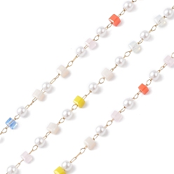 Yellow Cube & Round Glass & ABS Imitation Pearl Beaded Chains, Unwelded, with 304 Stainless Steel Link Chains, Golden, Yellow, 2.5~3x2.5~3x2.5mm