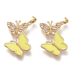 Желтый Латунные микро проложить кубического циркония подвески, с эмалью, реальный 18 k позолоченный, двойная бабочка, желтые, 29x30x3 мм, отверстие : 3.5x5 мм