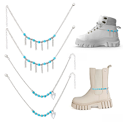 Platinum 4Pcs 2 Styles Heart Wing Zinc Alloy Charm with Synthetic Turquoise Beads Boot Strap Chains, Platinum, 10-5/8 inch(27cm)