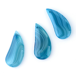 Cyan Natural Striped Agate/Banded Agate Pendants, teardrop, Dyed, Cyan, 41~42x19~20x5.5~6.5mm, Hole: 1.5~2mm