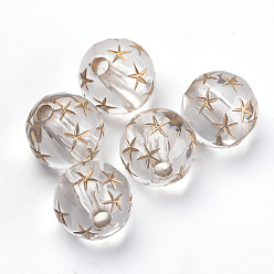 Golden Plated Plating Acrylic Beads, Metal Enlaced, Round with Star, Clear, 9.5x9mm, Hole: 2mm, about 930pcs/500g