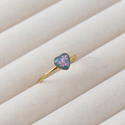 Светло-Голубой Регулируемые кольца-манжеты из нержавеющей стали, смолы и сушеных цветов, сердце, золотые, Небесно-голубой, 304 мм