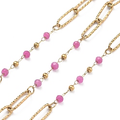 Ярко-Розовый 304 цепи из нержавеющей стали, ионное покрытие (ip), с бусинами из натурального окрашенного белого нефрита, реальный 18 k позолоченный, пайки, с катушкой, ярко-розовый, 12x4x1 мм, около 32.81 футов (10 м) / рулон
