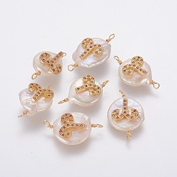 Aries Natural Pearl Links connectors, with Brass Micro Pave Cubic Zirconia Findings, Flat Round with Constellation, Golden, Fuchsia, Aries, 20~26x9~17x5~11mm, Hole: 1.6mm