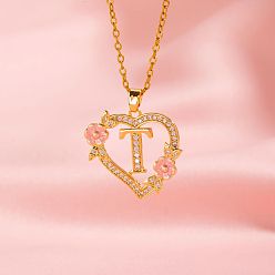 Letter T Латунные кристаллы горный хрусталь полые розы сердце с подвеской в виде буквы для женщин, с розовым эмали, золотые, Письмо T, 19.69 дюйм (50 см)