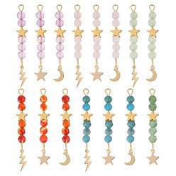 Золотой 15 шт. 5 цвета натуральный сердолик, зеленый авантюрин, розовый кварц, аметист и апатит ограненные круглые бусины-подвески, подвески из нержавеющей стали в виде луны, звезды и молнии, золотые, 42~45 мм, отверстие : 2 мм, 3 шт / цвет