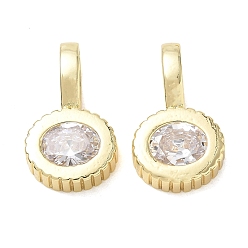 Real 18K Gold Plated Brass Pave Clear Cubic Zirconia Pendants, Flat Round Charms, Long-Lasting Plated, Rack Plating, Lead Free & Cadmium Free, Real 18K Gold Plated, 25x16x8mm, Hole: 10x6mm