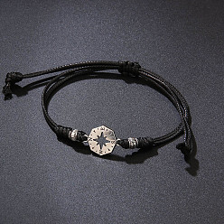 Черный Сплав ссылка браслеты, Регулируемые плетеные браслеты из воска для мужчин, компас, чёрные, 12.60 дюйм (32 см)