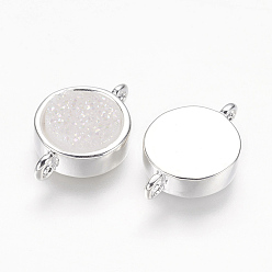 (7BDF) Прозрачный морозный бирюзовый Соединители звеньев натурального агата друзы, с 925 покрытием из латуни из стерлингового серебра, плоско-круглые, окрашенные, призрачный белый, 10x15.5x3~3.5 мм, отверстие : 1 мм