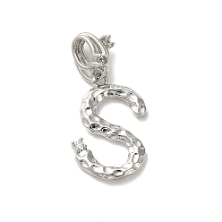 Letter S Реечное покрытие латунь микро паве кубический цирконий европейские подвески с подвесками, кулон с большой буквой и отверстием, платина, долговечный, без кадмия и без свинца, Письмо с, 25.5 мм, очарование: 18x12x2 мм, отверстие : 4x2.5 мм