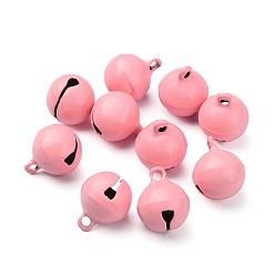 Pink Baking Paint Brass Bell Pendants, Round, Pink, 16.5x13.5mm, Hole: 2mm