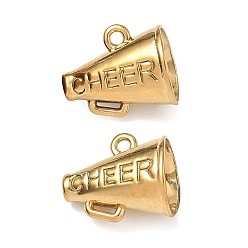 Real 18K Gold Plated 304 Stainless Steel Charms, Trumpet with Word Cheer Charms, Ion Plating(IP), Real 18K Gold Plated, 15x13x11mm, Hole: 1.6mm